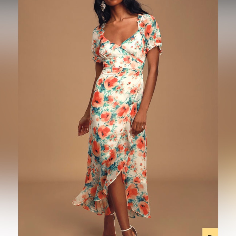 Lulu’s Romantic Effect White Floral Print Ruffled Midi Dress